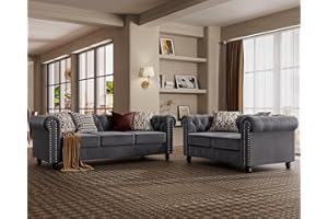 Morden Fort 2 Piece Classic Chesterfield 5-Seater Set, Tufted Loveseat & Sofa Furniture Solid Wood Legs Thick Cushion, Pet-Friendly Couch Set for Living Room Bedroom Apartment, Velvet Grey