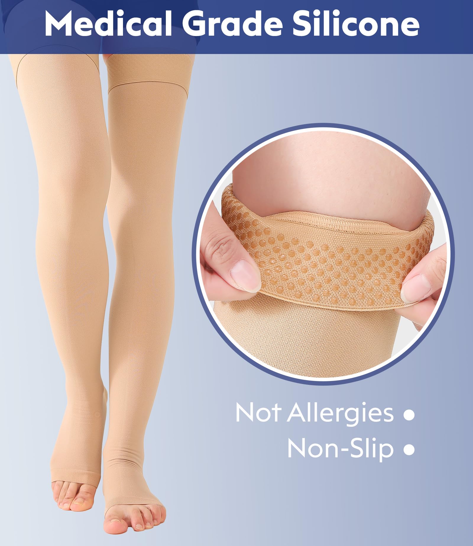 Condition photo showing New/Like New for keking compression stockings thigh high toeless opaque 15-20mmhg anti-slip | unisex graduated support eases swelling, varicose veins, edema, silicone band prevents slipping, great for travel, recovery 15-20mmhg beige open toe small