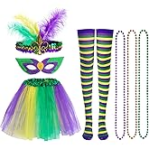 Yymobt Mardi Gras Costume Accessory Set for Women Feather Headband Mask Necklace Durable Beads Tutu Skirt Socks for Parades and Party Celebrations