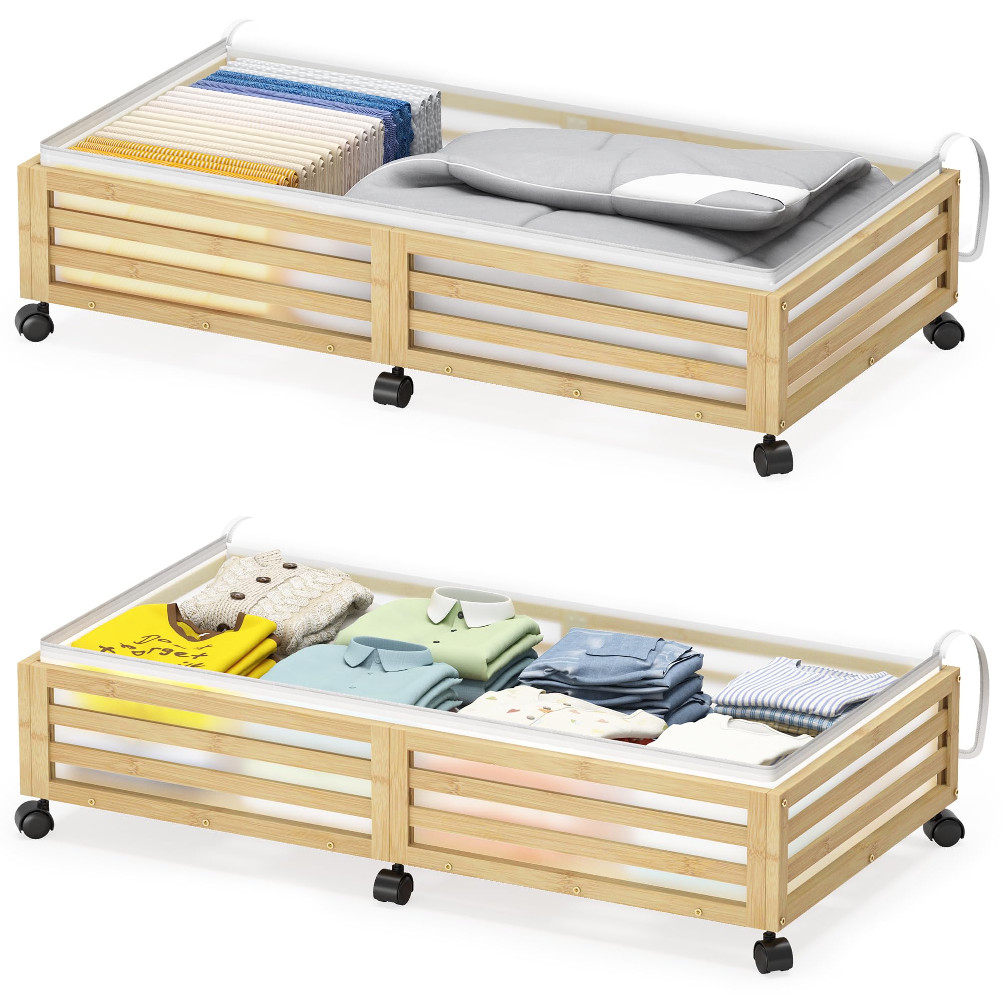 Photo 1 of Under Bed Storage Containers With Wheels - 2 Pcs Large Bamboo Wood Rolling Underbed Shoe Storage Bins With Dust Bags for Clothes Blankets, Duvet Covers Snacks Toys (Natural)