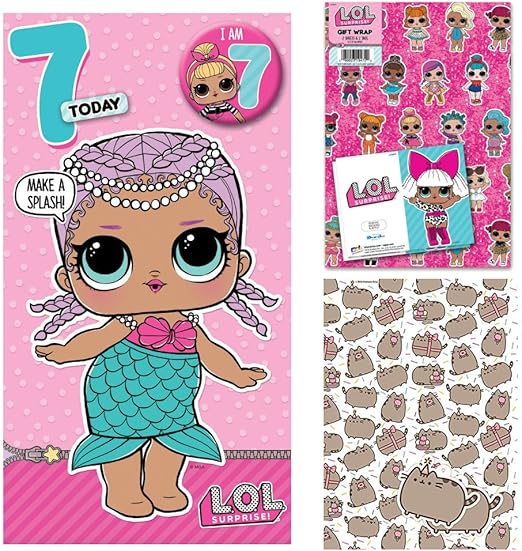 LOL Surprise Age 7 Birthday Card + LOL Gift Wrap + Pusheen Gift Wrap