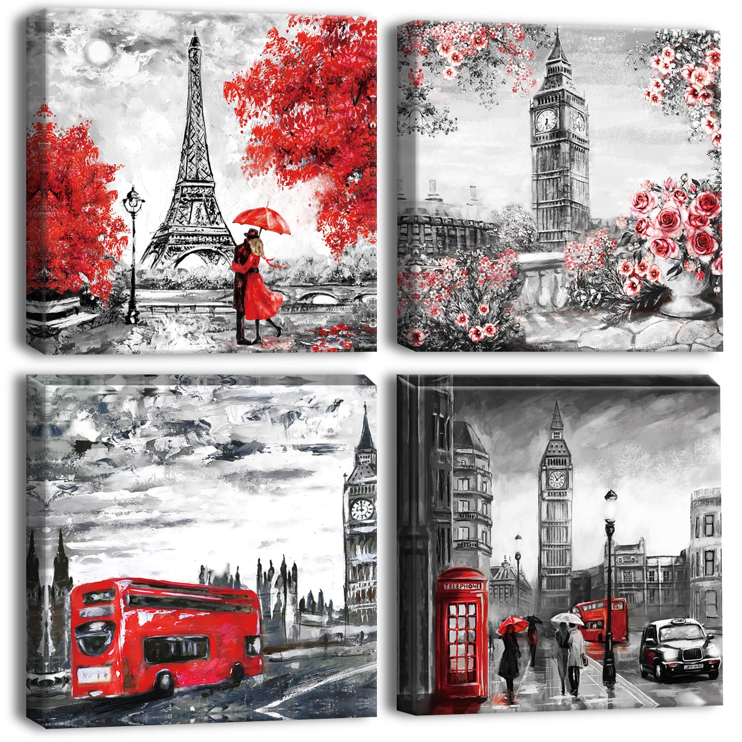 Artscope 4 Pieces Wall Art Canvas Prints - Couple with Big Ben and Eiffel Tower Picture Painting - Modern Wall Artwork Framed for Gifts Bathroom Home Kitchen Office Decor - 30 x 30 CM