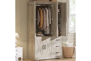LIKIMIO Wardrobe Closet with 5 Cabinet Doors and 3 Drawers, Large-Capacity Deep Armoire for Bedroom with 3 Side Hooks, Hanging Rod and Anti - tip Kit, Rustic Maple