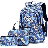 3Pcs Geometric Print Boys Backpack and Lunchbox Set for School Kids, Capacity School Backpack for Boys Elementary Middle School