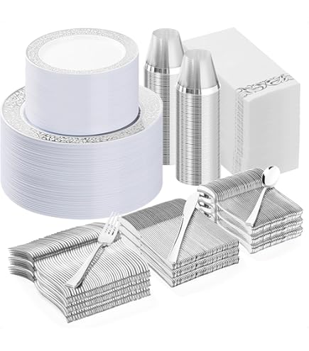 Amazon.com: 700 Piece Plastic Silver Dinnerware Set - 200 Rim Plates - 300  Silverware - 100 Cups - 100 Linen Like Silver Napkins, 100 Guest Disposable  Dinnerware Set : Health & Household