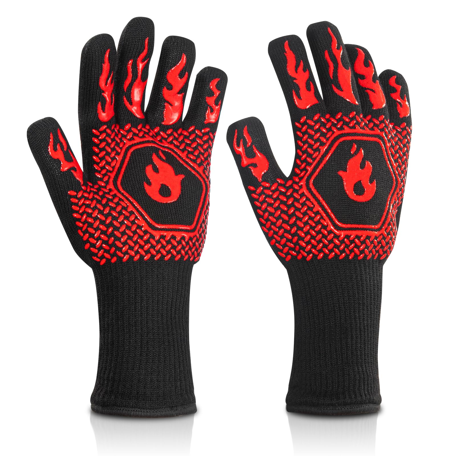 Cretosou Silicone Oven Gloves Heat Proof Gloves, Oven Mitts Non-Slip Silicone Cooking Gloves BBQ Gloves Fire Gloves With Fingers, Oven Gloves Heat Resistant for Grill Oven Cooking (A Pair)