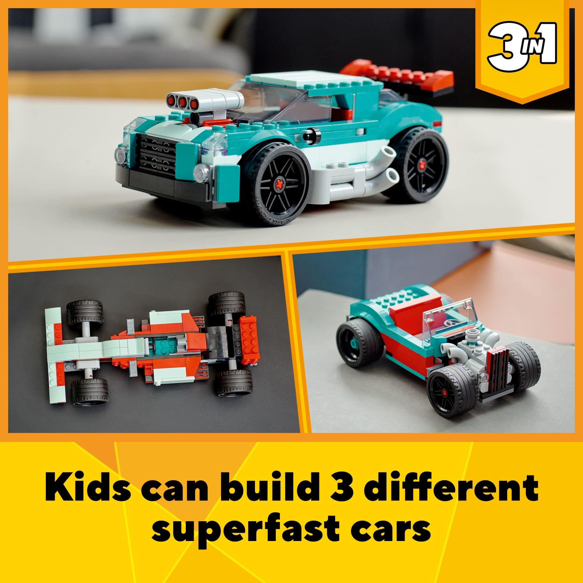 LEGO Creator 3 in 1 Street Racer Car, Rebuildable Kit Transforms to a