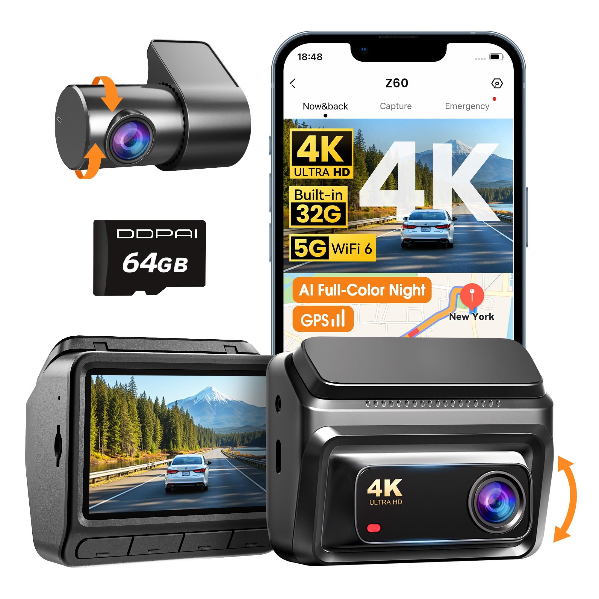 Photo 1 of DDPAI Dash Cam Front and Rear, 4K + 1080P Dash Camera for Cars, Real 4K Dashcam with 32G eMMC, Full Color Night Vision, 5GHz WiFi 6, 7 Days Parking Mode, GPS, 3" IPS, ADAS, WDR, Loop Recording, Z60