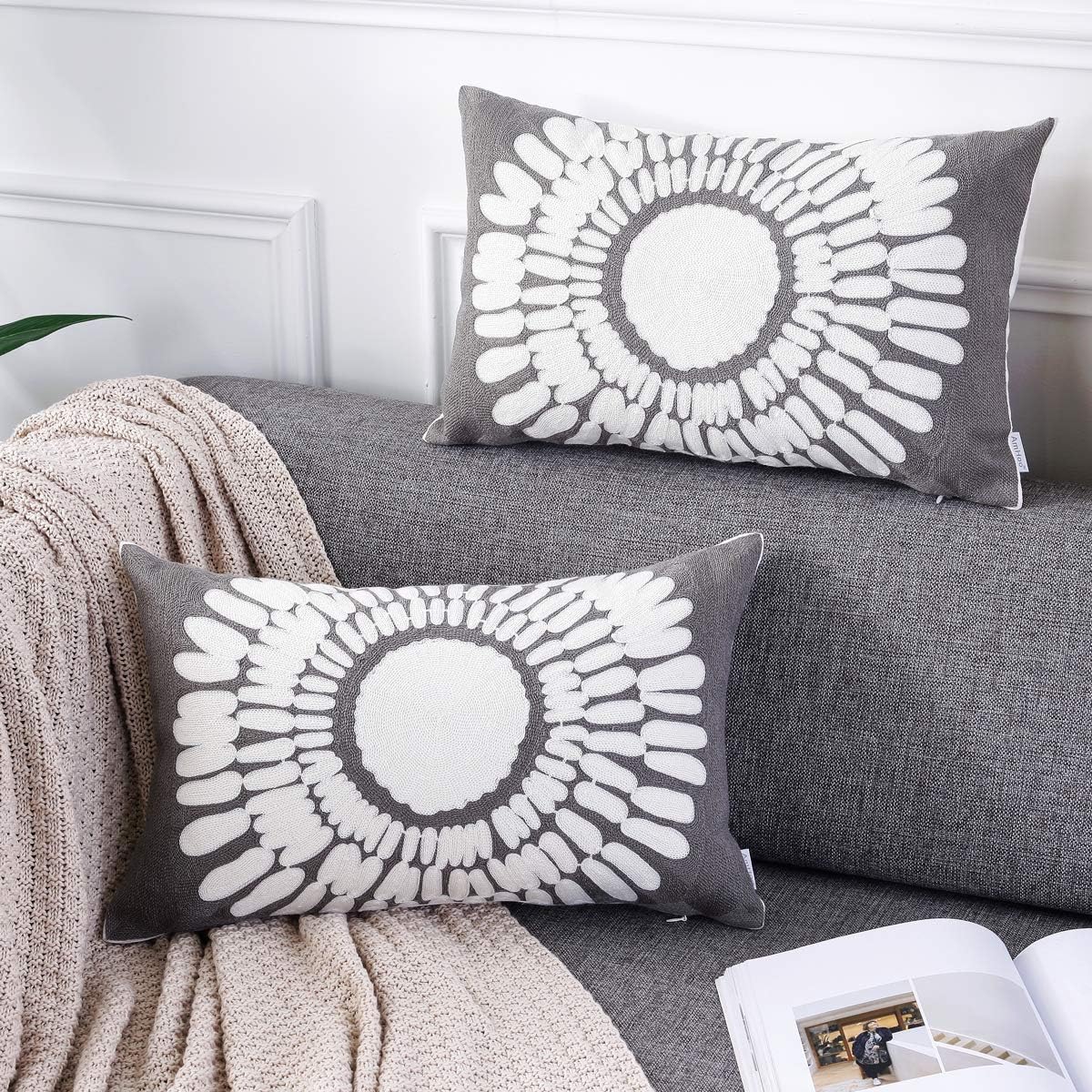AmHoo Embroidery Cozy Throw Pillow Covers 100% Cotton Decorative Cushion Case Pillowcase for Sofa Couch (A-Grey, 12"×20", 2 Pieces)