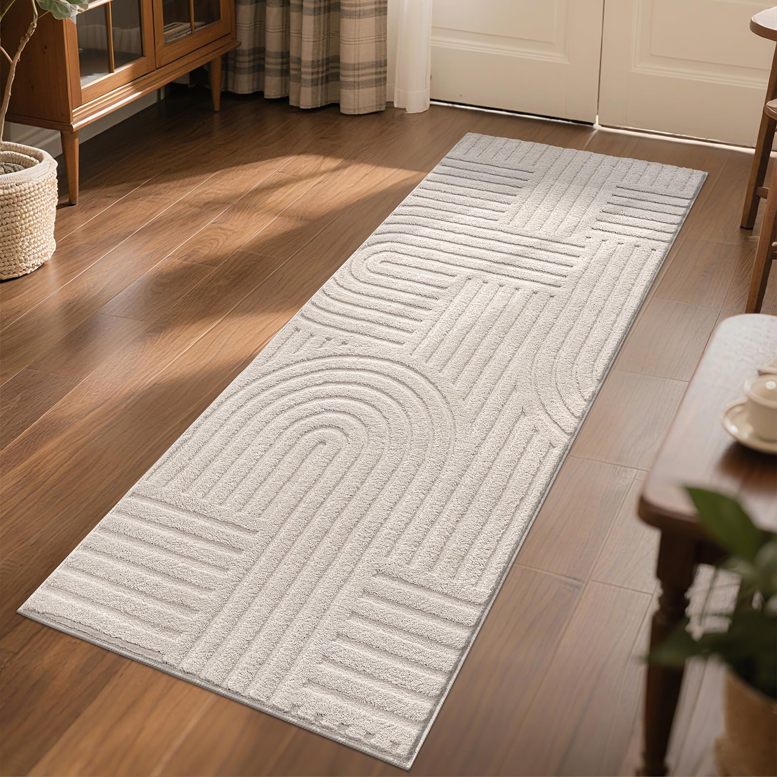 Photo 1 of SHACOS Soft Cozy Fluffy Arch Pattern High Low Pile Runner Rugs 2'x6' Non Slip Washable Scandinavian Minimalist Rug Modern Geometric Arc Carpet for Living Room Bedroom Bathroom, Beige