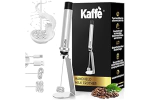 KAFFÈ Kaffe Premium Milk Frother with Stand. Milk Steamer Frother for Coffee, Milkshakes. Handheld Frother Wand w/Powerful Rechargeable Motor (No Batteries Reqd. Includes USB Cable, Single/Double Whisks)
