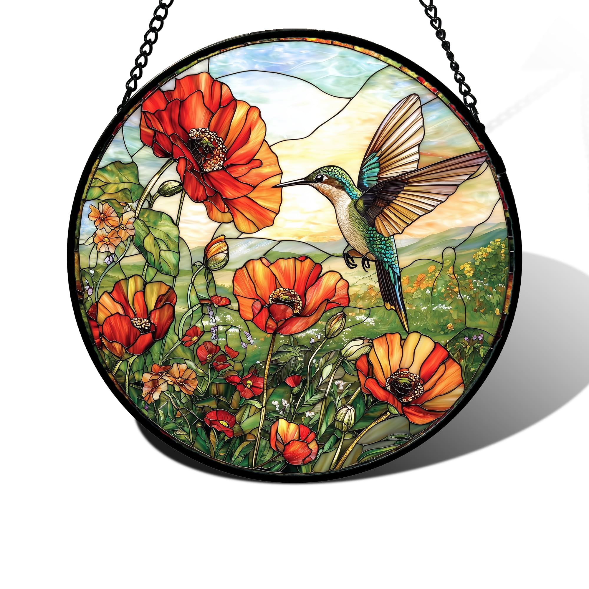 DASTOLL Stained Glass Window Hanging, Hummingbirds Orange Flowers Suncatcher Diamond Glass Panel Hangings Sun Catchers Decor for Birthday for Women, Men, Wife, Aunt, and Mom 9.8 in Image