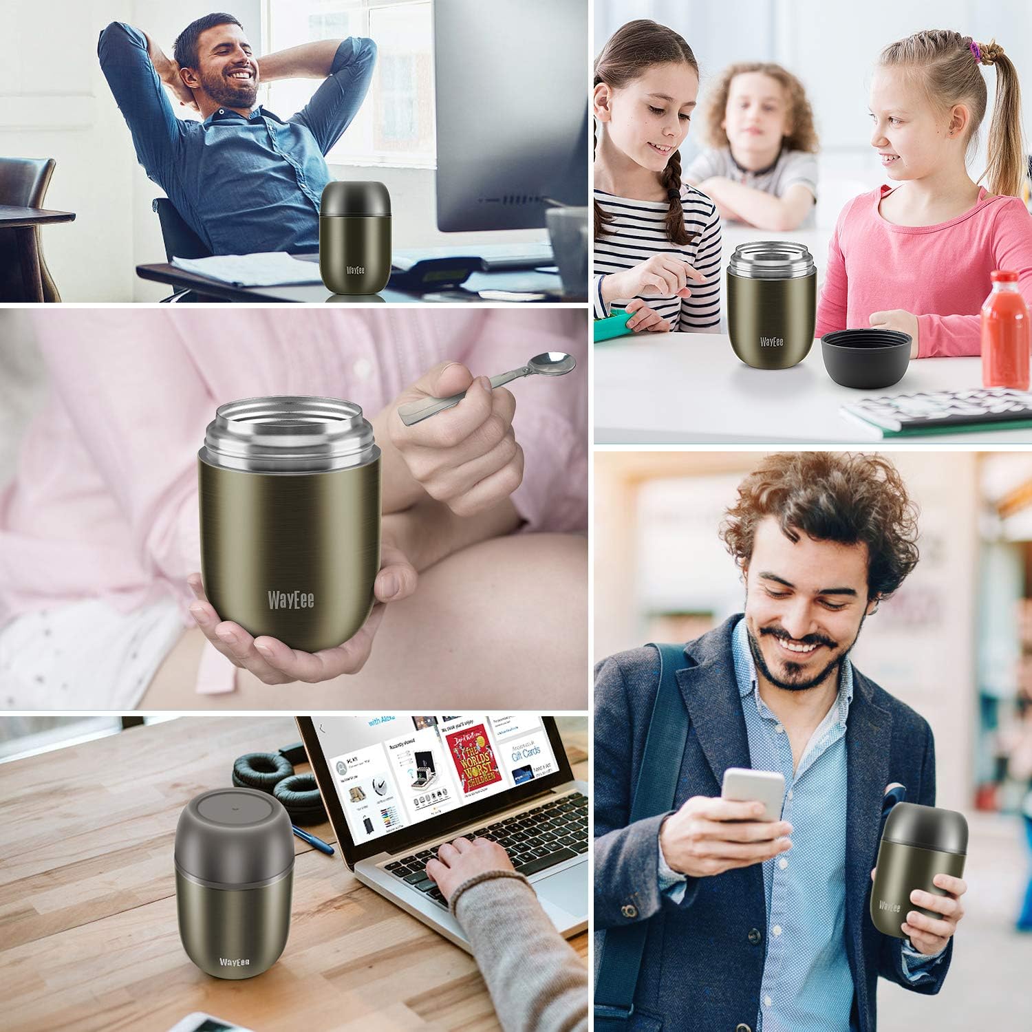 WayEee Food Flask, Stainless Steel King Food Jar with Folding Spoon-450ml (Gray), Grey, 450 ml - Image 3
