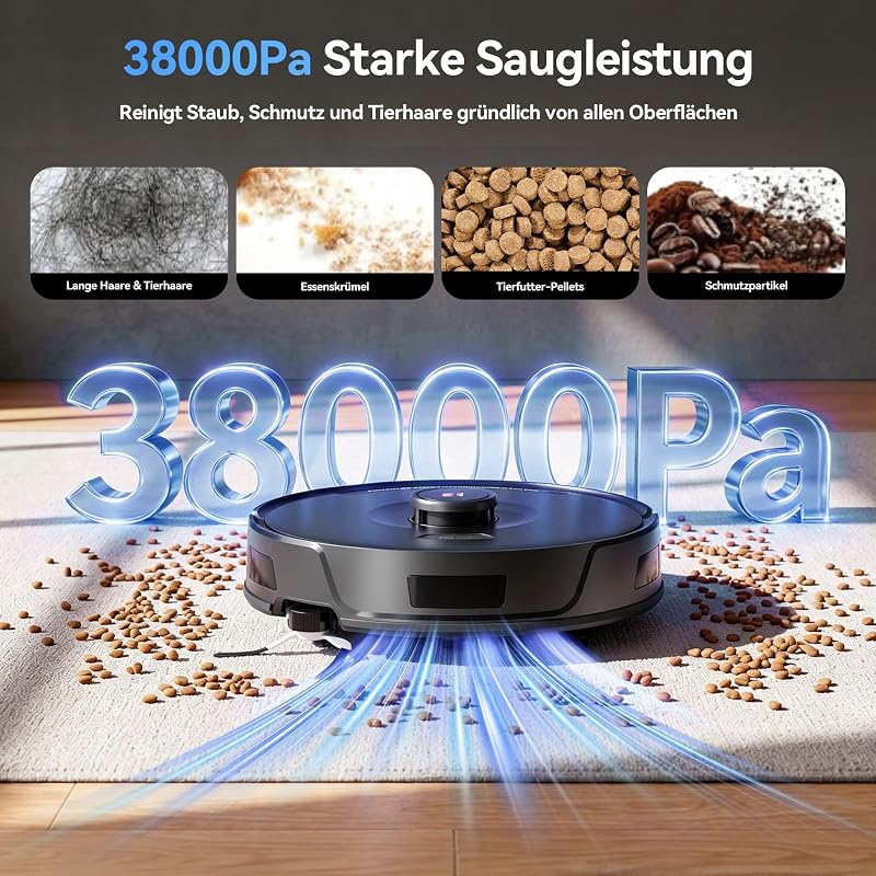 D8 Pro Saugroboter mit Wischfunktion, 38000Pa Saugroboter mit Absaugstation 4L, Anti-Haar-Verwicklung, LiDAR Navigation, 4-in-1 Saug und Wischroboter für Böden/Teppich/Tierhaare, APP Steuerung