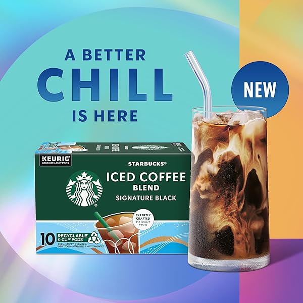 STARBUCKS K-CUP PODS, MEDIUM ROAST ICED COFFEE BLEND, SIGNATURE BLACK FOR KEURIG MAKERS, 100% ARABICA, 1 BOX (10 PODS)