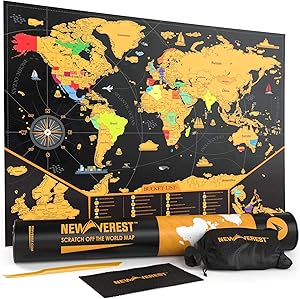 NEWVEREST Scratch Off Map of The World, Detailed Travel Art Poster, Fits 17 x 24 inches Frame, Comes with Scratch Tool, 20 Push Pins, 4 Stickers, Cleaning Cloth, Carry Bag + Gift Tube