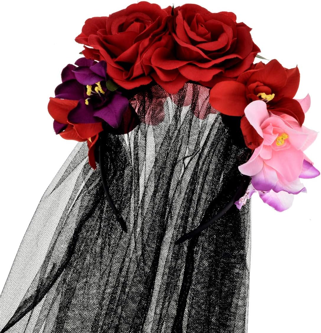 Day of the Dead Headpiece Rose Floral Crown Halloween Costume Mexican Headband with Veil (Red Pink Black Veil) - Image 4