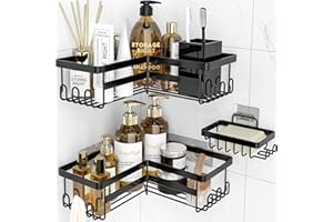 StorageRight Corner Shower Caddy, 3 Pack Adhesive Bathroom Accessories with Soap Holder, Storage Stainless Shower Organizer Shelf with Hooks, No Drilling Shower Shelves for Bathroom, Dorm and Kitchen