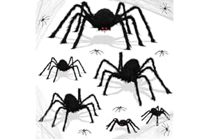 TROOER 6 PCS Halloween Plush Spiders Set, Scary Giant Spider Decorations Outdoor with 6 Fake Spider, 20 Small Spiders, Elastic Cobwebs for Yard Indoor Outdoor Halloween Decor (50", 35", 30", 20", 12", 12")