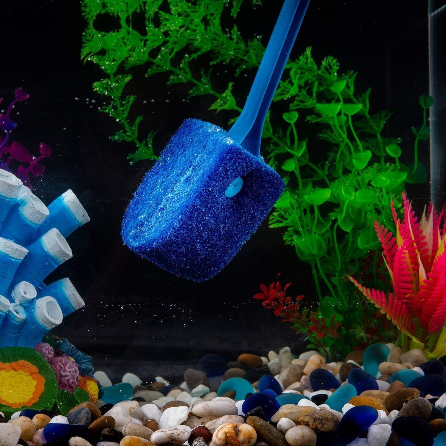 Aquarium Algae Scraper - Fish Tank Cleaning Double Sided Sponge Brush, Long Handle Fish Tank Scrubber for Acrylic Glass Aquariums (Blue) : Pet Supplies