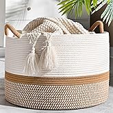 KAKAMAY Large Blanket Basket (20"x13"),Woven Baskets for storage Baby Laundry Hamper, Cotton Rope Blanket Basket for Living R