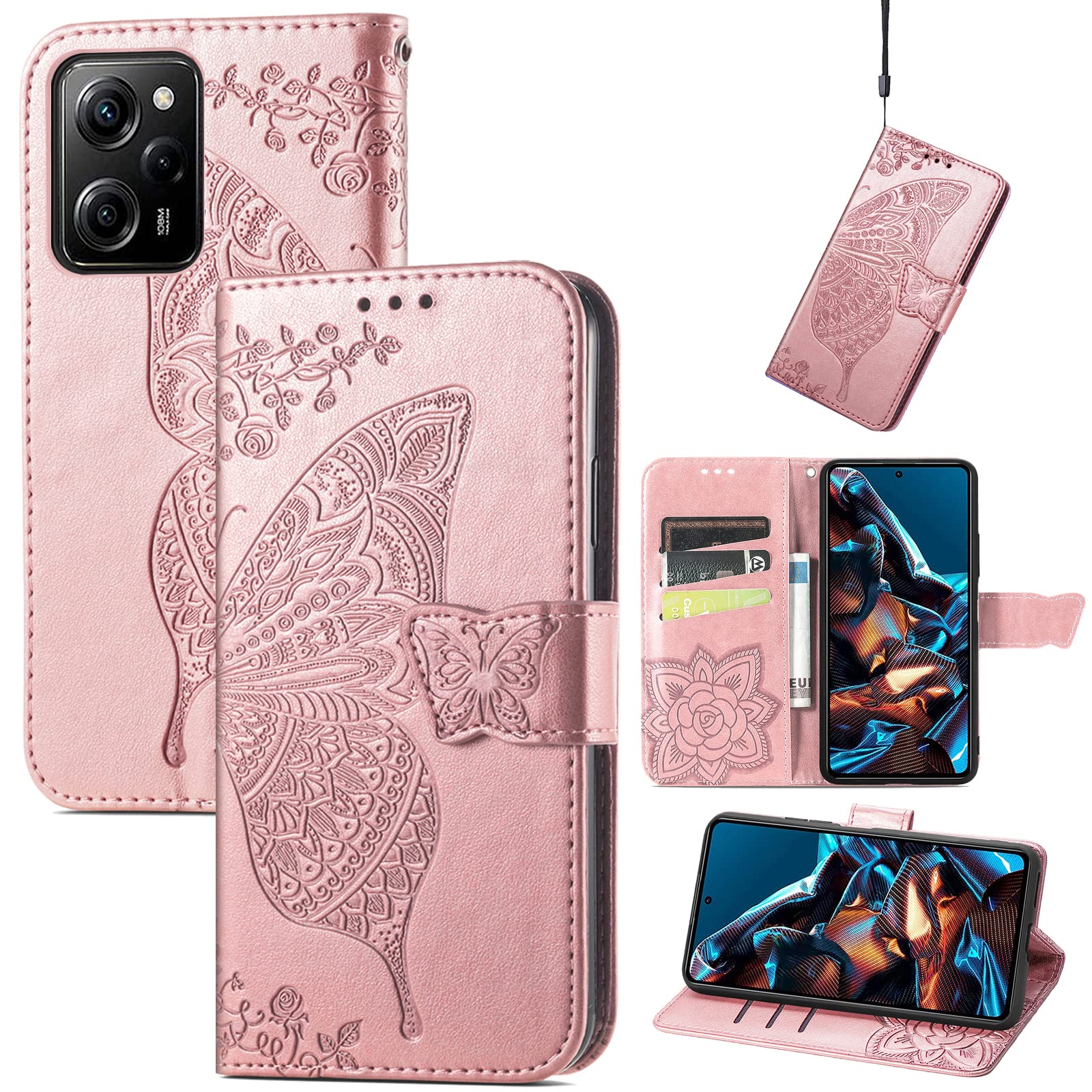 JIUNINE Case for Xiaomi Poco X5 Pro 5G / Redmi Note 12 Pro 5G, Leather Wallet Case Flip Cover with Butterfly Embossed Pattern [Card Holder] [Magnetic Closure] for Redmi Note 12 Pro 5G, Rosegold