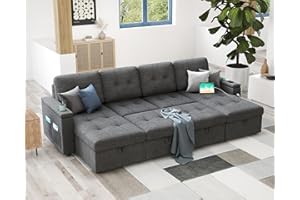 AMERLIFE 109 Inch Pull Out Sofa Bed, Sleeper Sofa Bed with 2 USB Ports & Cup Holders, Tufted U Shape Sectional Sofa Bed with Dual Storage Chaise- Dark Grey
