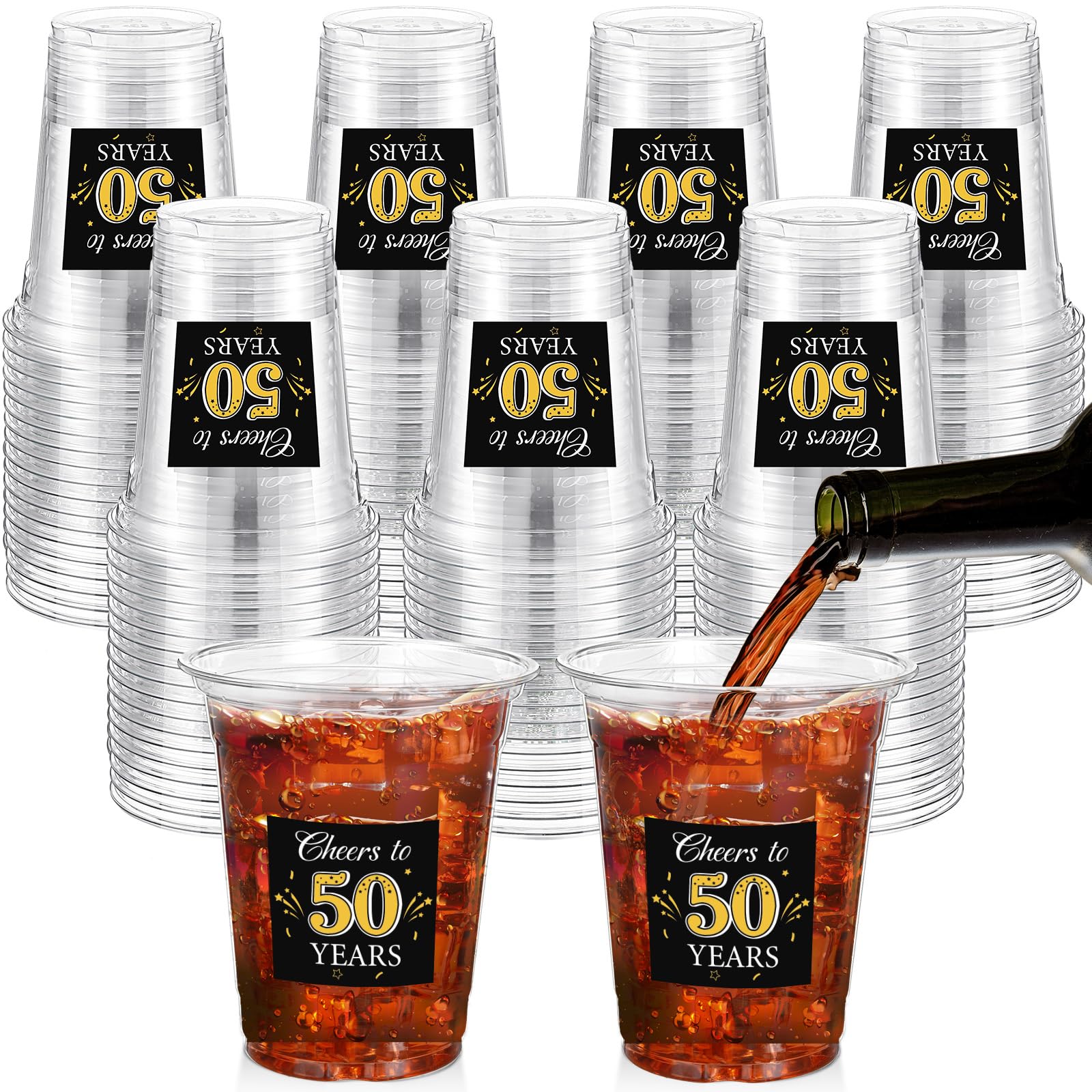 Photo 1 of Funnymoom 100 Pack 50th Birthday Cup 12 oz Cheers to 50 Years Happy Birthday Disposable Clear Plastic Cups for Him Men Women Wedding Anniversary Decorations Party Favors