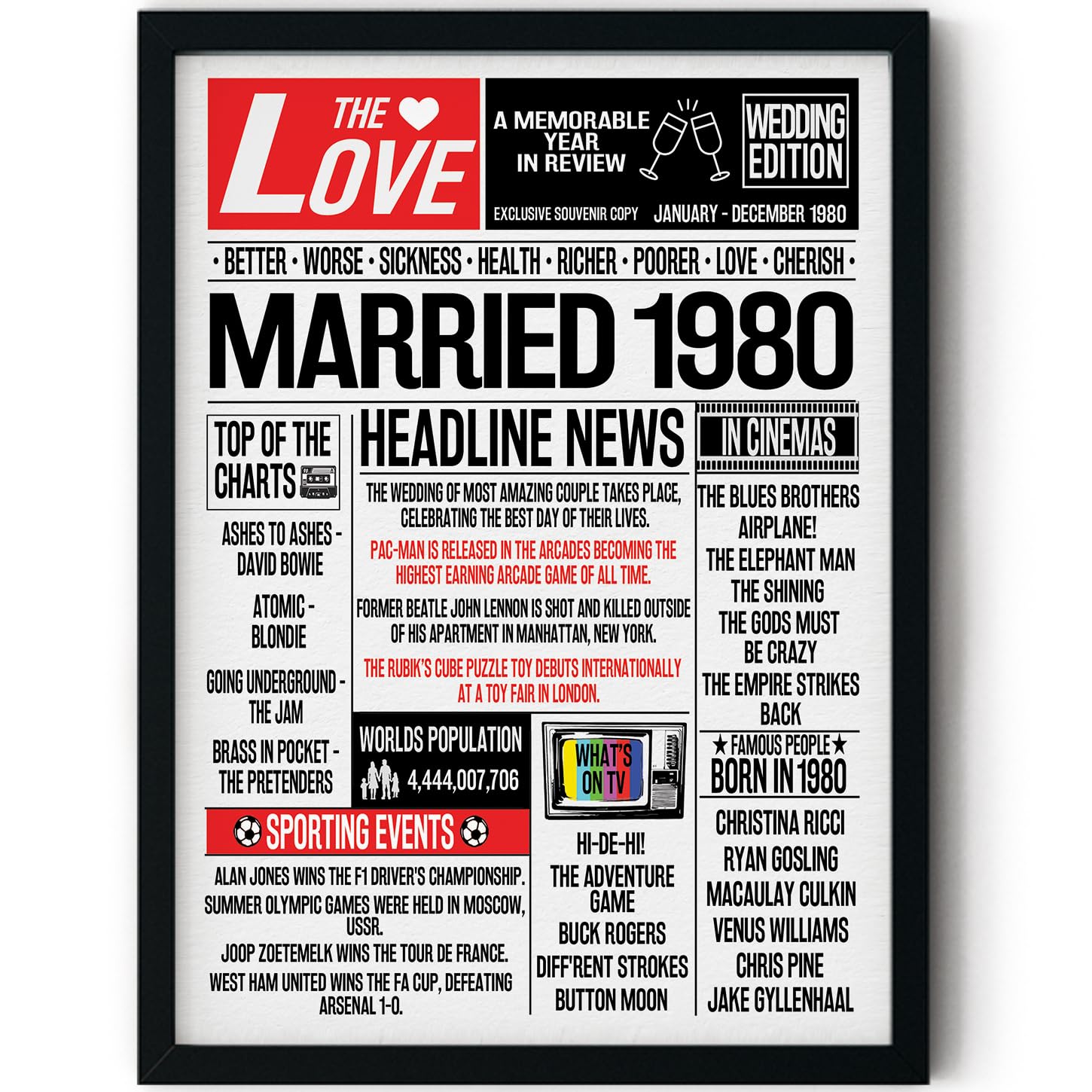 Stuff4 46th Anniversary Poster Framed - Married In 1980 Newspaper - Happy 46th Wedding Anniversary for Men Women Vintage Gifts Retro Back In 1980, 8x10 Inch Anniversaries Posters
