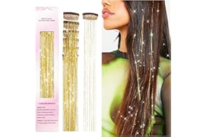Clip in Hair Tinsel Kit, POROLIR Pack of 6Pcs Glitter Fairy Tinsel Hair Extensions 20 Inch Shiny Hair Tinsel Heat Resistant, Sparkly Strands Hair Accessories, Festival Gift for Women Girls Kids (Gold)