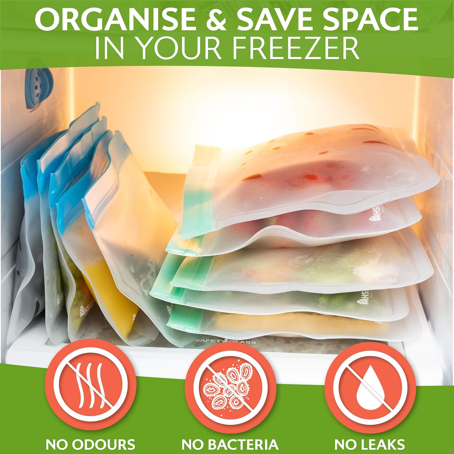 MHSEcoFriendly® Reusable Freezer Bags 15-Pack, Multicolour, 15-Bags (3 Sizes: M, L, XL) - Image 5