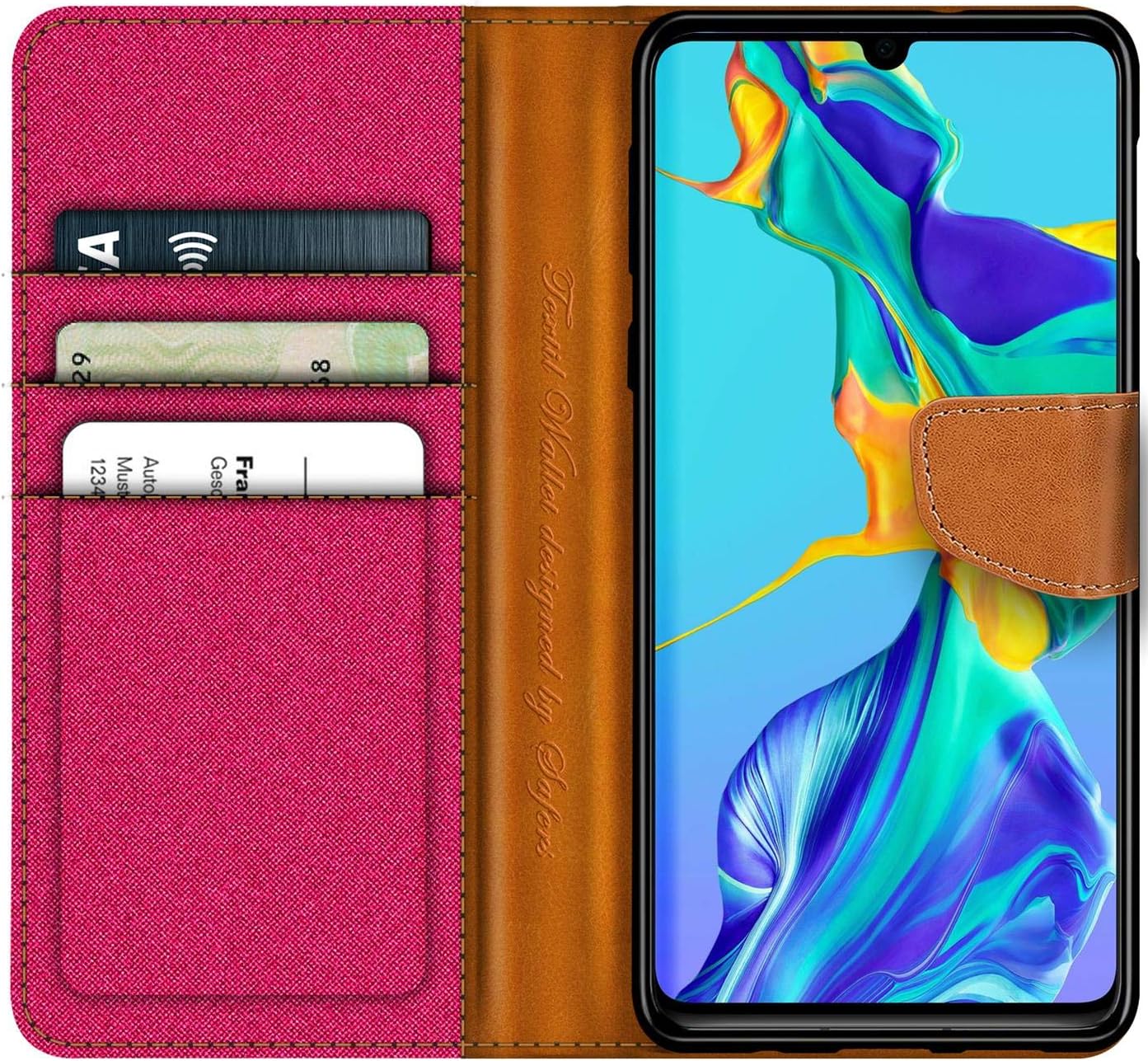 Verco Phone Wallet Case compatible with the Huawei P30, Canvas Faux Leather Book Cover for the P30 Flip Case Bag Hinged - Pink - Image 3