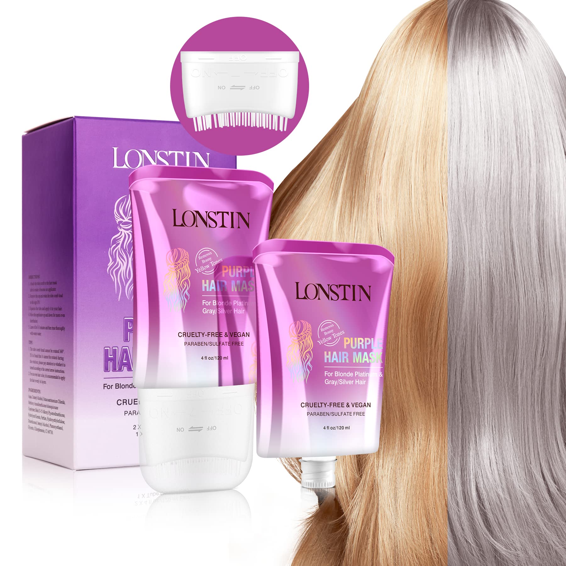 lonstin Purple Hair Mask with Comb, No Yellow Hair Mask for Blonde Platinum Silver Gray Bleached Brassy Hair, Remove Yellow Tones, Condition Dry Damaged Hair, Vegan, Paraben and Sulfate Free, 8 Fl Oz