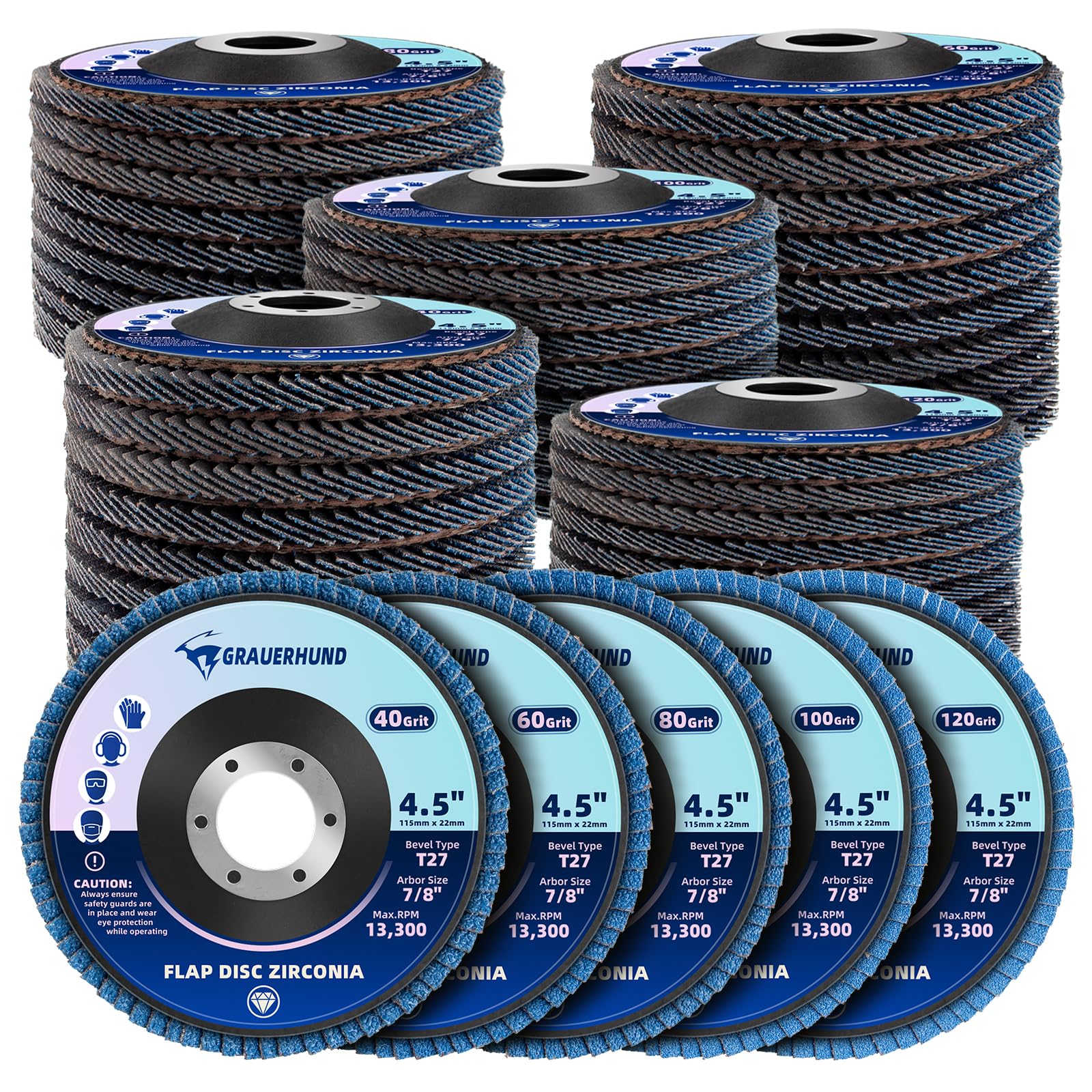 Photo 1 of 50 Pack Flap Discs 4 1/2" x 7/8" for Angle Grinder, 40/60/80/100/120 Grit T27 Flap Sanding Discs, 4 1/2 Inch Grinding Wheels, Zirconia Grinding Discs for Metal, Wood, and Stainless Steel Finishing