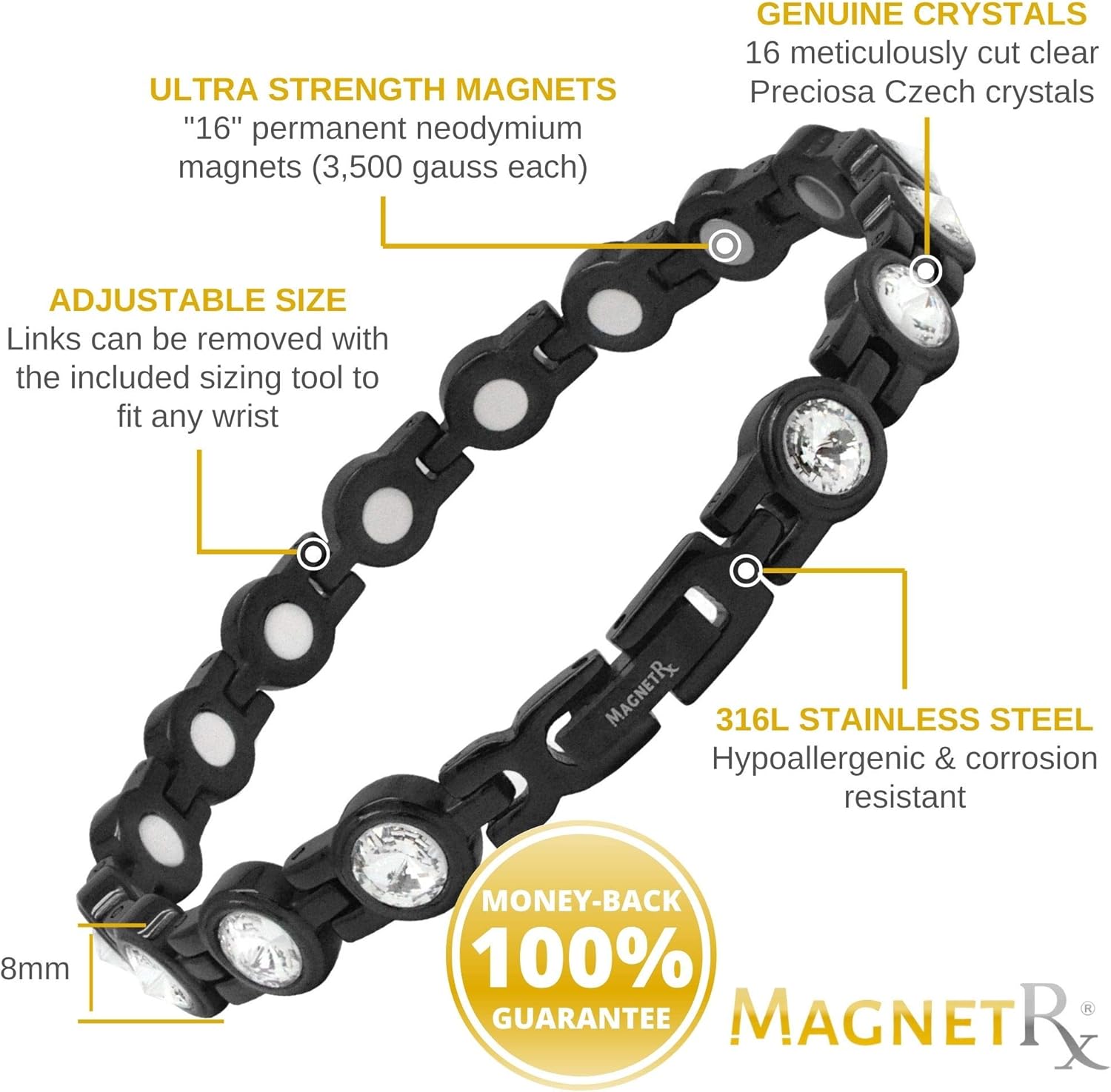 MagnetRX® Women’s Magnetic Therapy Bracelet - Arthritis & Carpal Tunnel Pain Relief Crystal Bracelets for Women - Adjustable Length with Sizing Tool (Black): Health & Personal Care