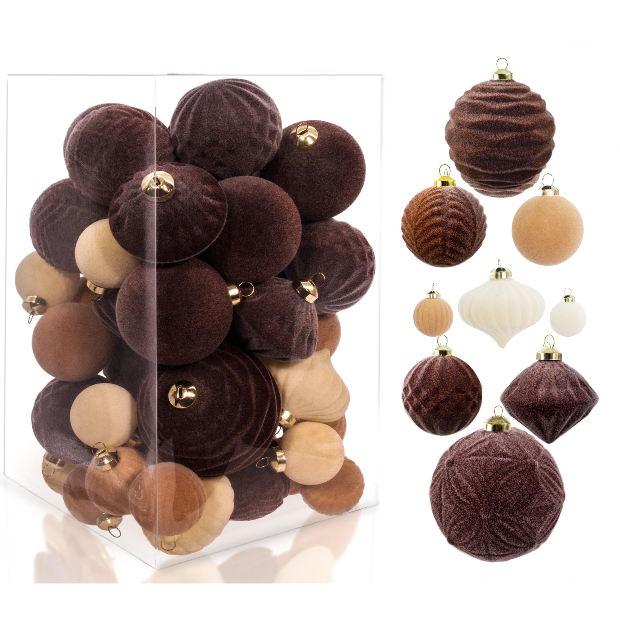 View 1 of 42PCS Velvet Christmas Ball Ornaments, Flocked Vintage Rustic Farmhouse Baubles in Assorted Sizes for Xmas Tree Decorations, Hanging Ornaments for Home, Party & Wedding Décor (Brown, Beige, White)