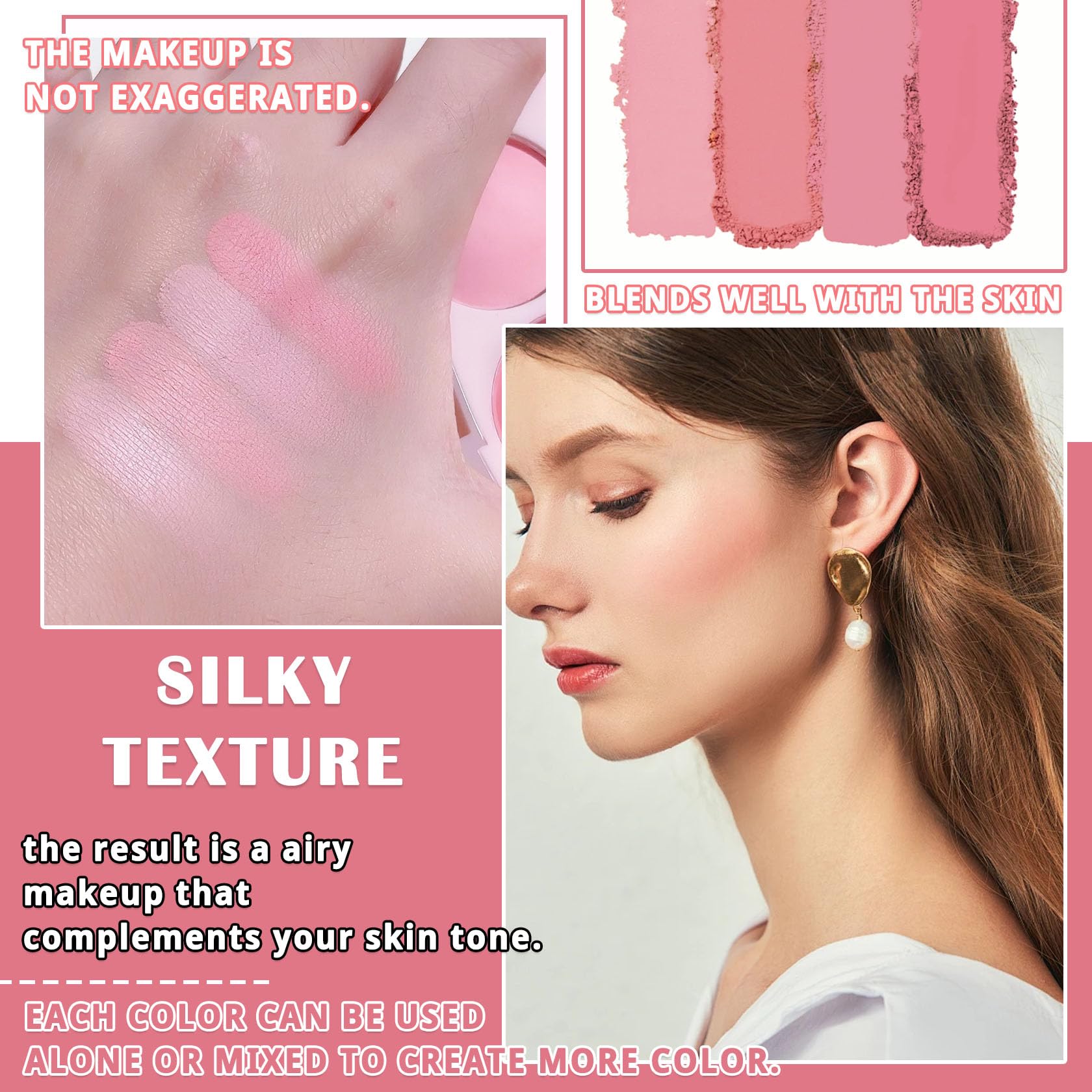 LingHaoLH 4 Colors Blush Palette for Cheeks,Face Matte Contour Blush Makeup Palette,Buildable Shimmer Facial Cheek Blusher Shades,Blendable Cosmetic Makeup Blush with Blush Brush 01
