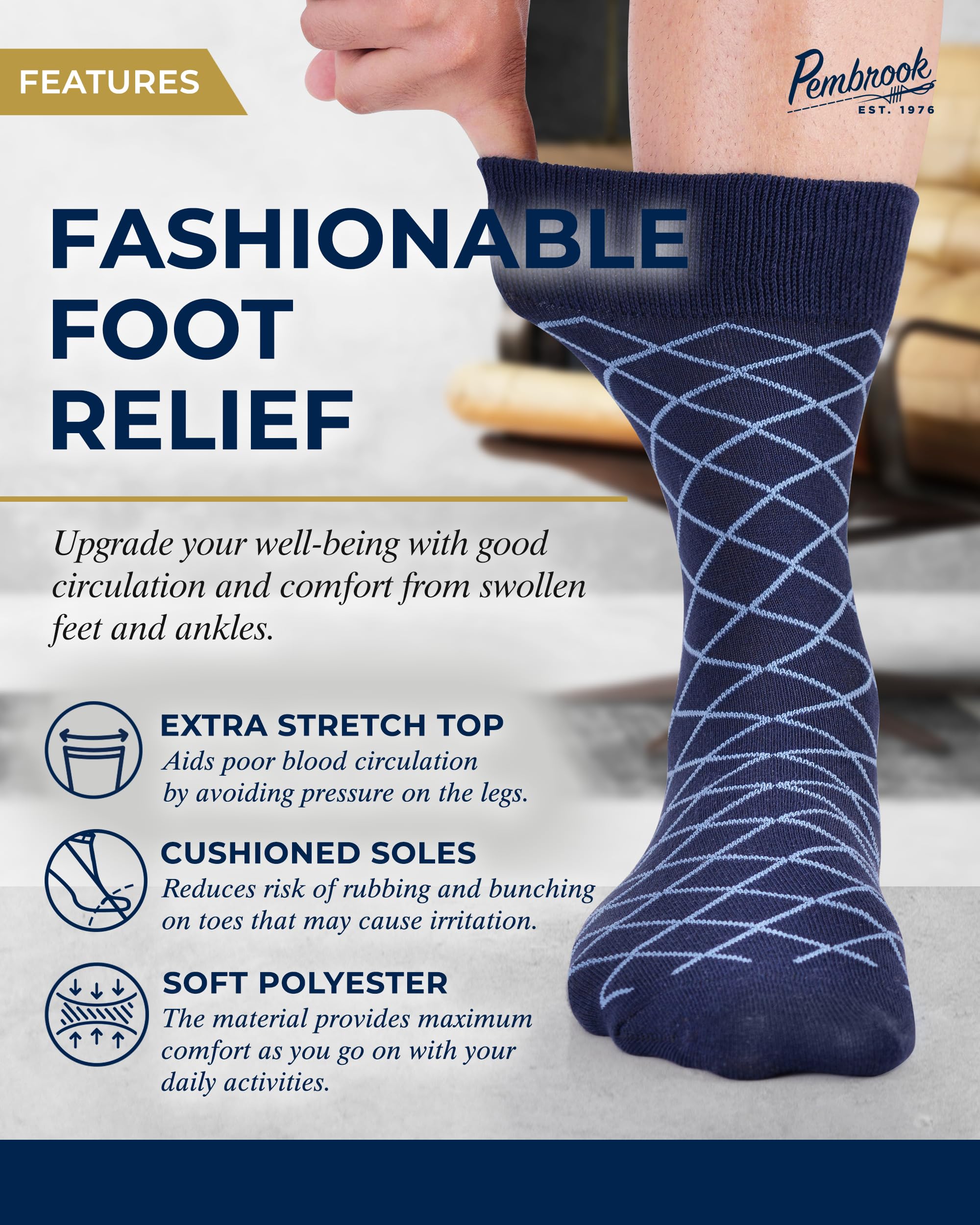 Pembrook Diabetic Dress Socks for Men - 4 Pairs Odor Free Stylish Diabetic Socks for Men Work | Mens Diabetic Socks Casual