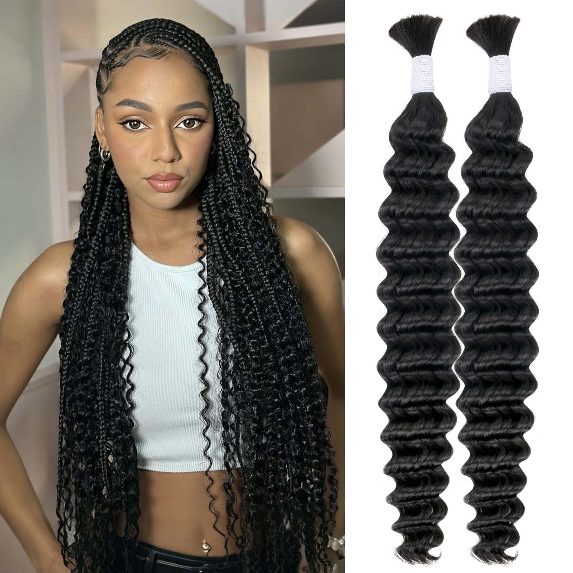 Deep Wave Brazilian Curly Human Hair Bulk - 10A Virgin, No Weft, Micro Braiding Hair for Boho Braids (Natural Black, 2 Bundles, 100g 28") — image 1