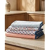 TARAN LIVING Printed Kitchen Dish Bar and Tea Towels Cotton, 18x28 inch with Trims, Cotton Dish Towel Sets (White & Peach, Set of 4)