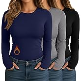 Evervibe 3 Pack Women's Plus Size Thermal Shirts Fleece Lined Long Sleeve Crew Neck Tops Slim Fit Shirts with Thumb Holes