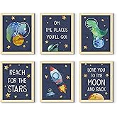 ArtbyHannah Framed Dinosaur Nursery Wall Decor, 8x10 inch Cute Baby Wall Art Room Decor for Kids, Dinosaur and Space Adventure Themed Artwork Print for Playroom Bedroom Baby Shower Decoration(6 Pack)