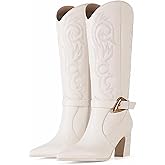 LACIKOSZ Western Cowboy Boots for Women - Knee High Calf Cowgirl Boots with Classic Embroidered with Gold Buckle, Slip On Pointed Toe Chunky Heel Fashion Retro Classic Faux Leather Pull On Tall Boot