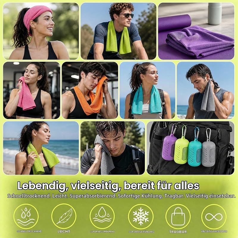 Kühlendes Handtuch 4er Set,Cooling Towel aus Mikrofaser,Schnelltrocknendes Sporthandtuch mit Verdunstungskälte, Kühlhandtuch für Fitness,Yoga,Laufen,Gym,Reise & Outdoor,30x90 cm,mit Silikonhülle,Green