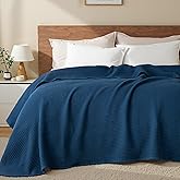 Exclusivo Mezcla 100% Cotton Waffle Weave Blanket King Size, Soft, Lightweight and Breathable Muslin Gauze Blanket for Bed, All Season, 90"x104", Navy Blue