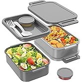 Jelife Adult Bento Box Lunch Box - 3 Layers Stackable Bento Lunch Box for Adults, 72oz Large-Style All-in-One Bento Boxes Leak-Proof Lunchbox with Utensil Sauce Containers for Dining Out,Work, Grey