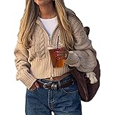 SOMTHRON Women's Cropped Cable Knit Cardigan Stand Collar Zip Up Fall Winter Chunky Short Sweater Coat
