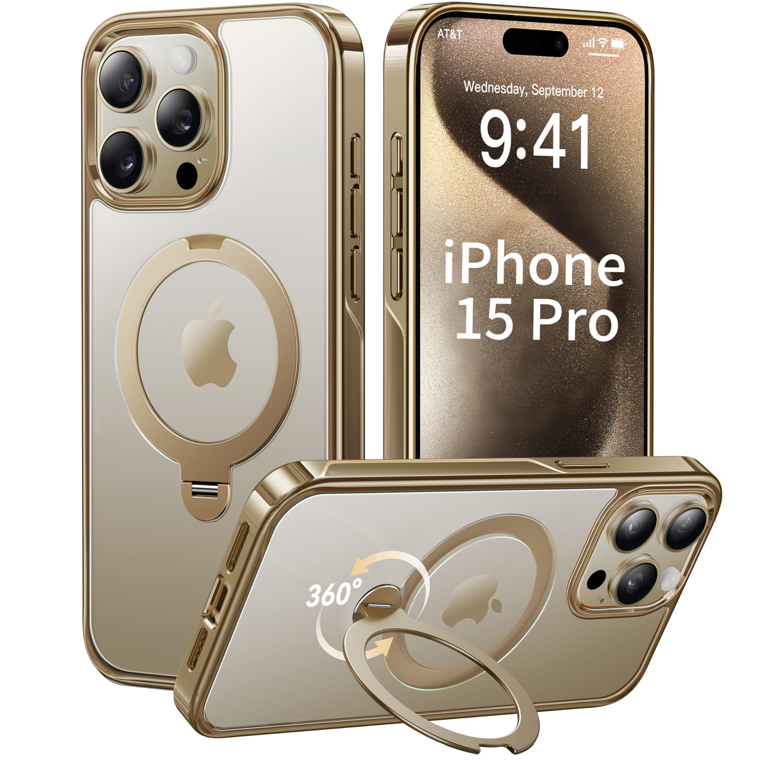Photo 1 of CASEKOO Titanium 360° Rotatable Magnetic Stand for iPhone 15 Pro Case [Compatible with Magsafe][16FT Military Protection] Slim 15 Pro with Kickstand Ring Phone Cover 6.1'', Antique Gold