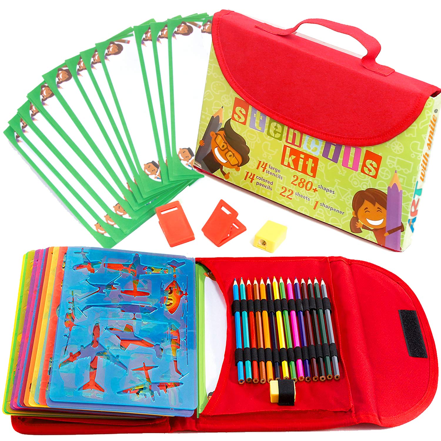 Drawing Stencils Set for Kids (55 Piece) - Arts and Crafts for Girls & Boys - Best Gifts for Kids - Ideal Creativity Kit & Travel Activity with 300+ Shapes (Red)