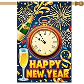 HOMETITUTE Happy New Year House Flag 28x40 Inch Champagne Bottle Clock and Fireworks Design Garden Flag Colorful Outdoor Yard Decoration Holiday Celebration Banner for Home Porch Lawn